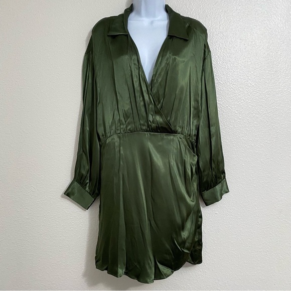 Zara Dresses & Skirts - NWT Zara Green Satin Long Sleeve Mock Wrap Collared Dress Sophisticated Luxe XL